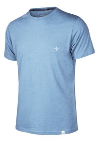 Lichtblauw katoenen t-shirt met korte mouwen, ronde hals, kleine witte hartslaggrafiek op de borst en gestikte labeldetails op de zoom.