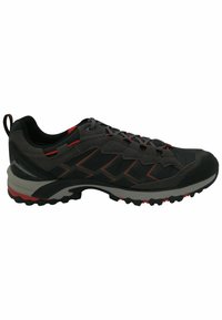 Black and gray athletic shoe with red accents, mesh and synthetic upper, textured rubber sole, and cushioned midsole for traction and support.