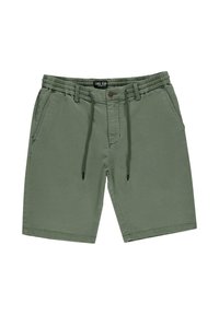 Groene katoenen shorts met een trekkoord in de taille, voorzakken en een knoopsluiting. Rechte snit met een gladde textuur en zonder patronen.