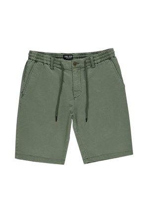 Groene katoenen shorts met een trekkoord in de taille, voorzakken en een knoopsluiting. Rechte snit met een gladde textuur en zonder patronen.