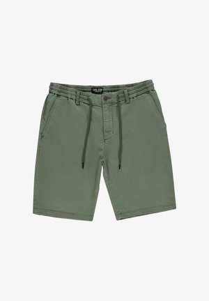 Groene katoenen shorts met een trekkoord in de taille, voorzakken en een knoopsluiting. Rechte snit met een gladde textuur en zonder patronen.