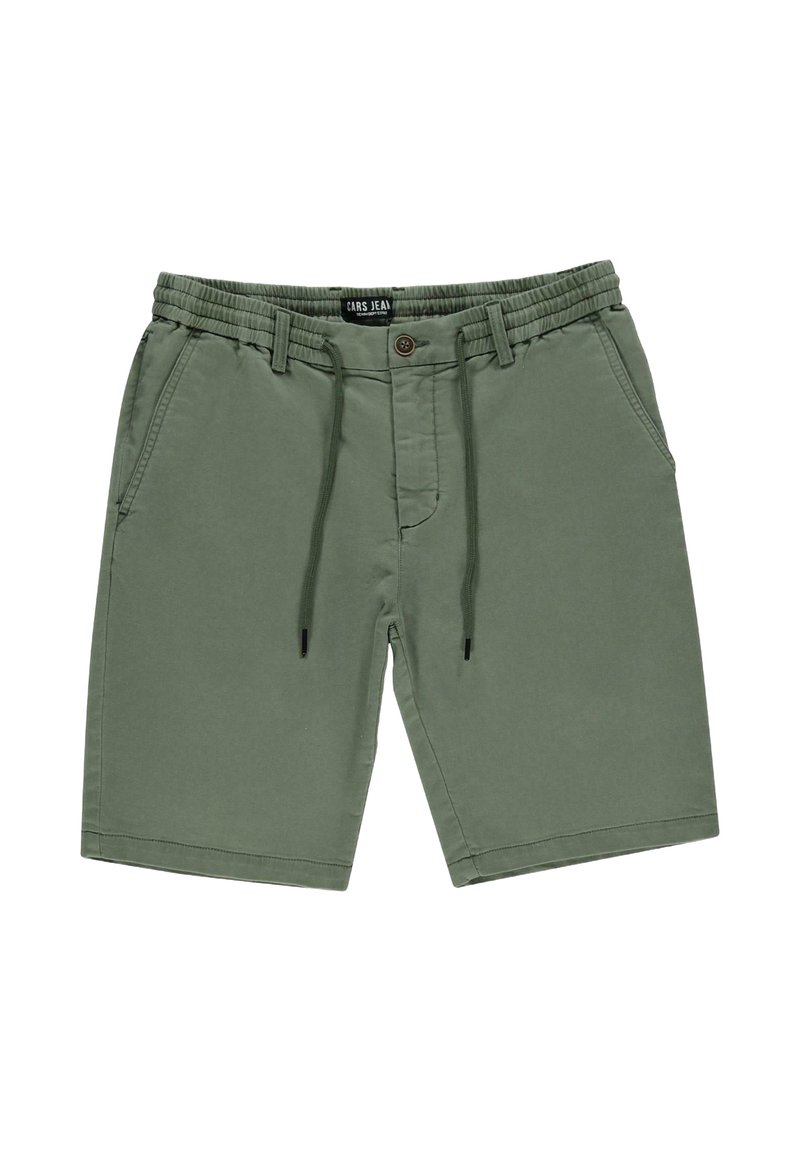 Groene katoenen shorts met een trekkoord in de taille, voorzakken en een knoopsluiting. Rechte snit met een gladde textuur en zonder patronen.