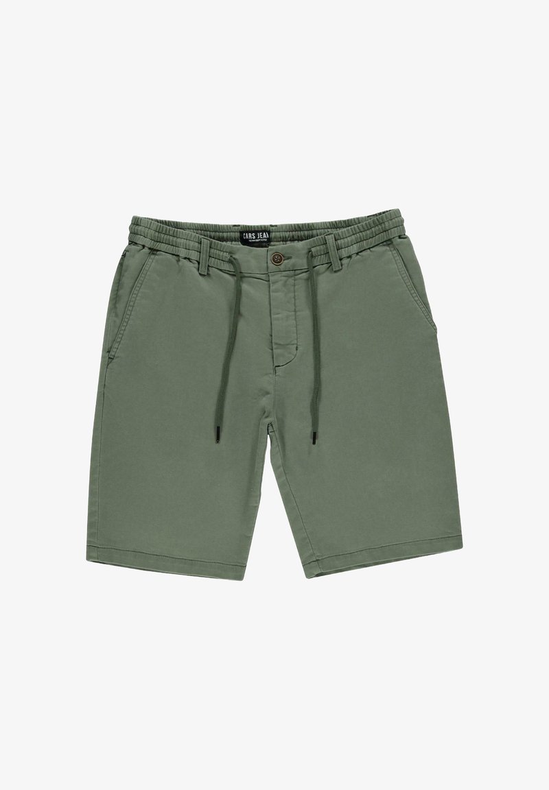 Groene katoenen shorts met een trekkoord in de taille, voorzakken en een knoopsluiting. Rechte snit met een gladde textuur en zonder patronen.