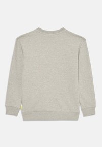 Sudadera de manga larga gris claro con puños, cuello y dobladillo acanalados, mostrada desde atrás sobre un fondo blanco.