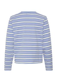 Chemise à manches longues présentant des rayures horizontales en bleu clair, marine et lilas sur fond blanc, avec un col rond et un ourlet droit.