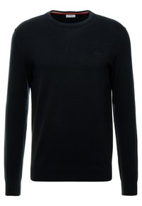 Black sweater made from knit fabric, featuring a crew neckline, long sleeves, and a subtle logo on the chest. Smooth texture, classic fit.