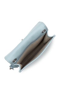Light blue leather wallet with a textured surface, snap closure, and beige interior lining showcasing two compartments.