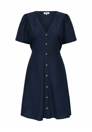 Rochie bleumarin cu nasturi, dintr-un material moale, cu decolteu în V, mâneci scurte tip puff și fustă evazată, având cinci nasturi vizibili.