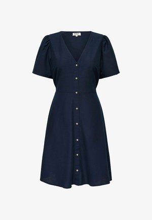 Marineblauwe knielange jurk met knopen, gemaakt van zachte stof, met een v-hals, korte pofmouwen en een zwierige rok met vijf zichtbare knopen.