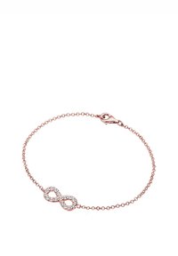 Armbanduhr aus roségoldener Kette mit einem Unendlichkeitssymbol, verziert mit klaren Kristallen. Glatte Glieder und ein Karabinerverschluss.