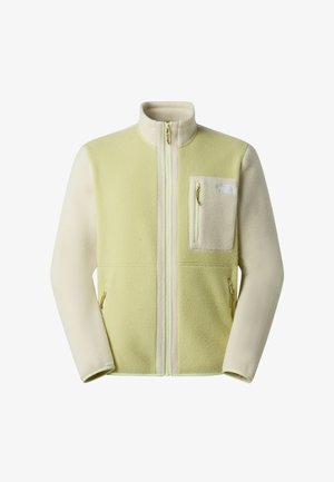 Fleecevest in lichtgroen en crème met een ritssluiting aan de voorkant, hoge kraag, twee zijzakken en een borstzak. Voorzien van ritssluitingen en een logo.