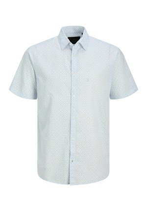 Chemise bleu clair à manches courtes avec petits motifs de points foncés et col classique, présentée sur un fond blanc uni.