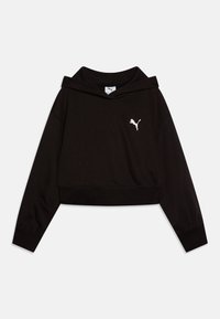 Čierna skrátená mikina s kapucňou z mäkkej tkaniny, s klokaním vreckom, dlhými rukávmi a bielym logom Puma na hrudi.