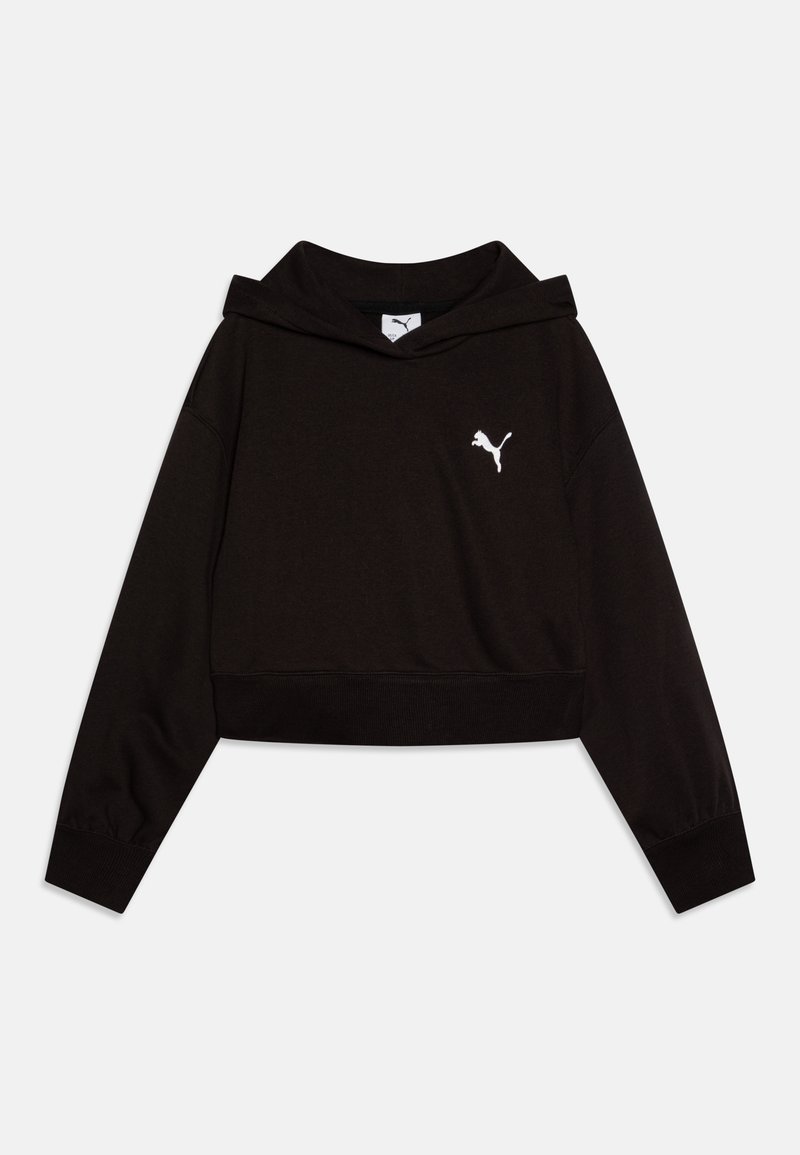 Čierna skrátená mikina s kapucňou z mäkkej tkaniny, s klokaním vreckom, dlhými rukávmi a bielym logom Puma na hrudi.