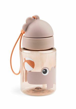 Barns gennemsigtige vandflaske med en flodhestillustration, beige rundet låg formet som flodhøres ører og en orange bærerem.