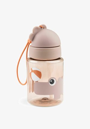 Barns gennemsigtige vandflaske med en flodhestillustration, beige rundet låg formet som flodhøres ører og en orange bærerem.