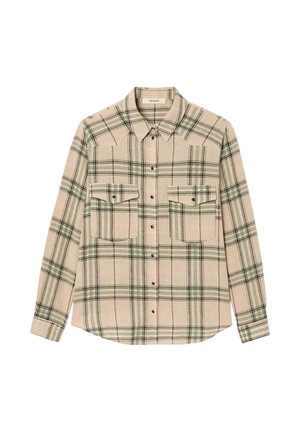 Chemise à carreaux beige et verte avec boutons, manches longues et deux poches à rabat boutonnées sur la poitrine.