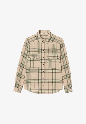 Chemise à carreaux beige et verte avec boutons, manches longues et deux poches à rabat boutonnées sur la poitrine.