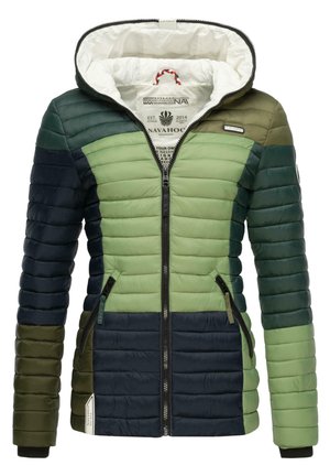 Veste matelassée dégradée vert et bleu, dotée d'une fermeture éclair, d'une capuche, de deux poches latérales et d'une surface texturée.