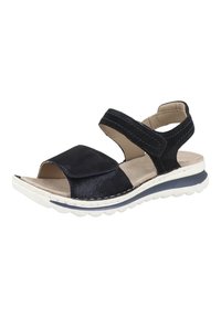 Černé sandály s texturovaným, otevřeným designem, nastavitelné popruhy a bílou gumovou podrážkou s modrým akcentem.