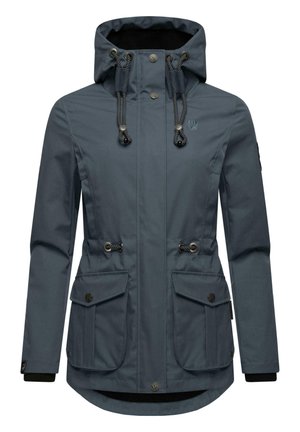 Navy blue waterproof jacket with a hood, drawstrings, two front pockets, and ribbed cuffs, featuring a logo on the upper left side.