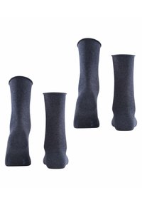 Graue Socken aus einem weichen, strukturierten Stoff. Sie haben ein Design bis zur Mitte des Wadenbereichs mit einem gerippten oberen Teil und einem glatten Körper. Blaues Logo-Detail in der Nähe der Zehen.
