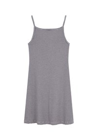 Abito senza maniche grigio e bianco a righe con spalline sottili, caratterizzato da una vestibilità comoda e una morbida texture di tessuto leggero.