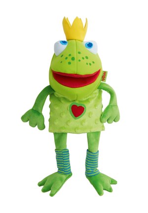 Grüner Froschplüsch mit gelber Krone, rotem Herz auf der Brust und blau gestreiften Beinwärmern, mit großen Augen und weitem rotem Mund.