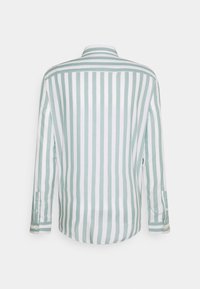Camicia a maniche lunghe verde chiaro e bianca a righe con colletto classico, polsi con bottoni e spacchi laterali per facilitare i movimenti.