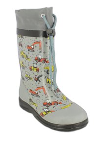 Grijze rubberen regenlaars met gele en rode patronen van constructievoertuigen. Voorzien van een gestructureerde zool en een koord voor aanpassing van de kraag.