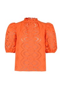 Oranje blouse met puffmouwen, voorzien van een textuur met bloemen uitsnijdingen en een gerimpelde halslijn, gemaakt van lichtgewicht stof. Geschikt voor casual wear.