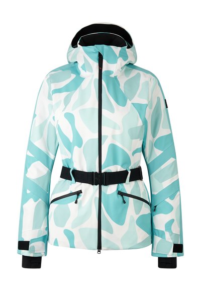 Aqua- und weiß gemusterte Skijacke mit abnehmbarem Kapuze, Gürtel und Reißverschlusstaschen mit schwarzem Zubehör. Weicher, strukturierter Stoff.