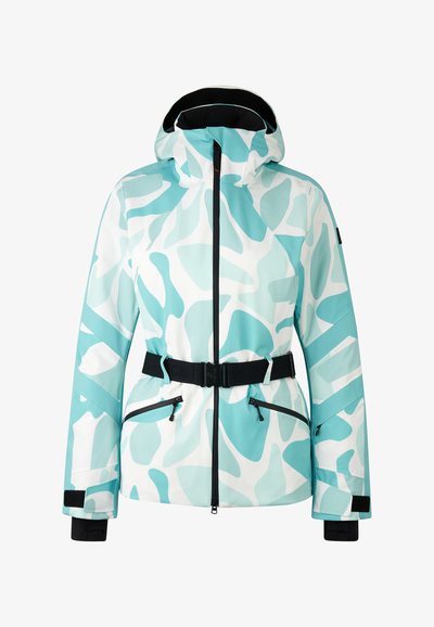 Aqua- und weiß gemusterte Skijacke mit abnehmbarem Kapuze, Gürtel und Reißverschlusstaschen mit schwarzem Zubehör. Weicher, strukturierter Stoff.