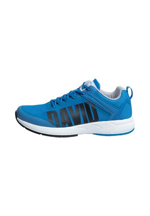 Blue athletic sneaker with black “DAVID” text on side, white cushioned sole, and pull tab at heel, shown in right profile.