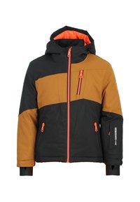 Veste isolante noire et marron avec des accents orange vif. Elle dispose d'une capuche, de poches zippées et de poignets ajustables pour plus de chaleur et de confort.