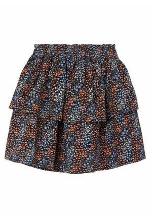 Lagdelt mini-nederdel med elastik i taljen, med et tætbefolket blomsterprint i orange, blå, hvid og sort farver.