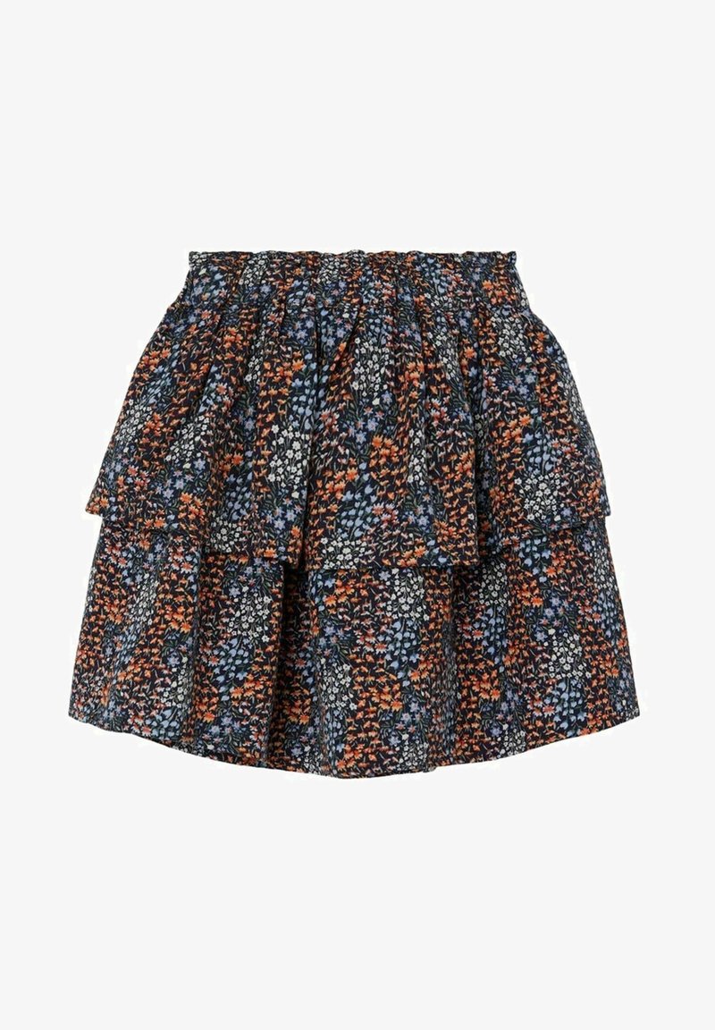 Jupe mini à volants avec taille élastique, présentant un motif floral dense aux couleurs orange, bleu, blanc et noir.