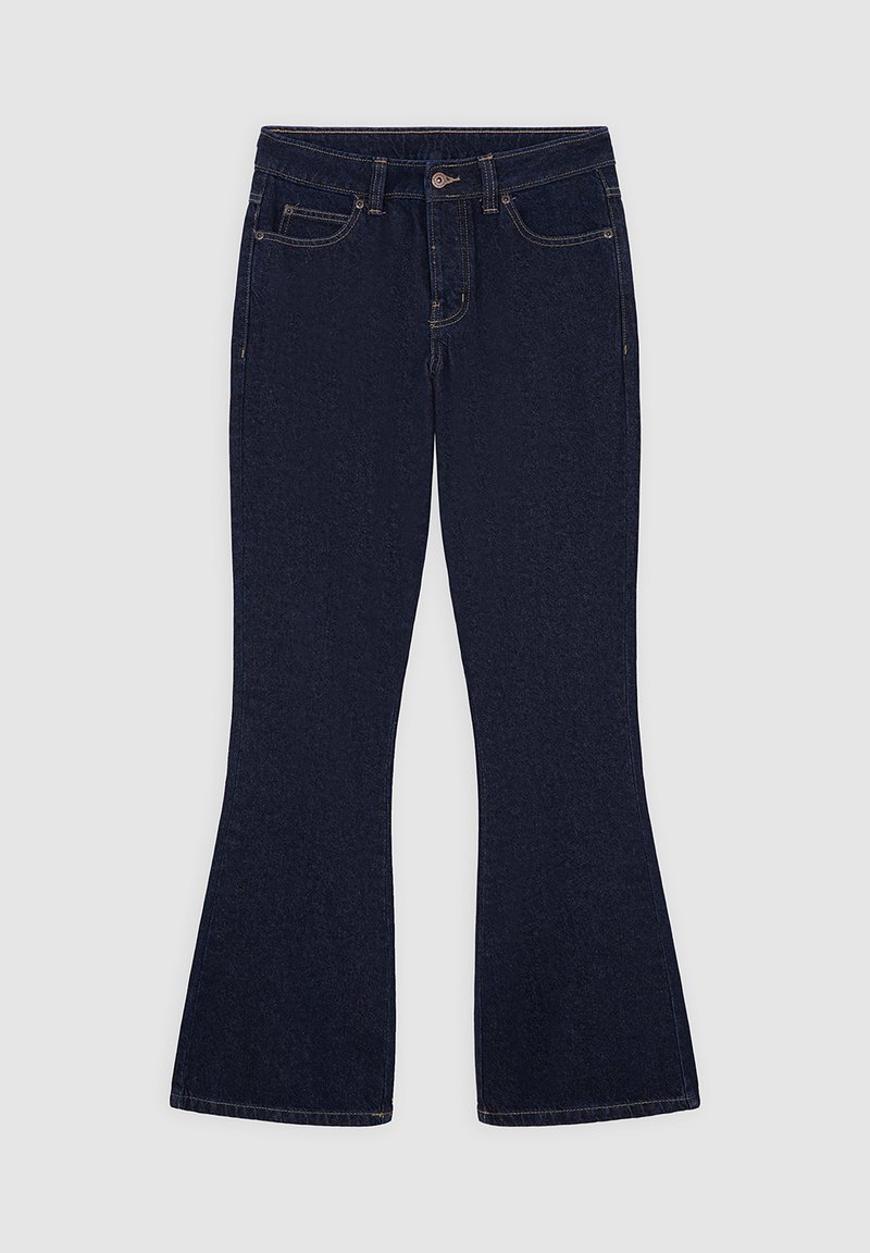 Dark blue flared jeans made from denim. Features five pockets, a zip fly, and contrast stitching along the seams. Smooth texture.