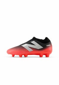 Red and black football boot with a textured upper, silver detailing, and rubber studs for grip. Sleek design with a fitted collar.