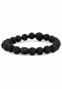 Bracciale nero realizzato in pietra lavica testurizzata, con perline opache di diverse dimensioni e una perla accentuata ovale con logo stampato.