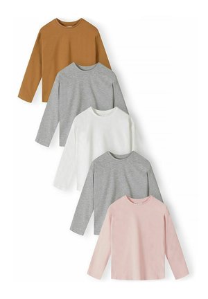 Cinq chemises à manches longues et col rond en marron, gris, blanc, gris et rose disposées verticalement sur un fond blanc.