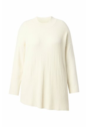 Túnica de manga larga color crema con una textura acanalada, que presenta un escote redondo y un dobladillo ligeramente asimétrico.