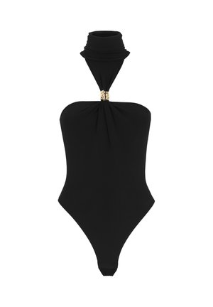 Maillot de bain une pièce noir à col licou avec un détail de bague en or à l'encolure avant.