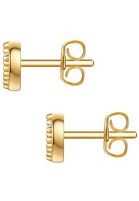 Guldpläterade örhängen med en texturerad, cirkulär design och flikiga kanter, samt fjärilsspärrar för säker fästning.