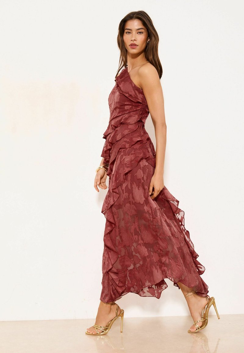 strapless open back dress Just Friends Strapless Ruffle Maxi Dress Red– Selfie Leslie main image 1