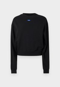 Schwarzes, kurz geschnittenes Sweatshirt mit langen Ärmeln, gerippten Bündchen und Rundhals-Ausschnitt. Mit einem blauen Logo-Tag in der Mitte vorne.