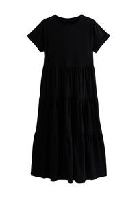 Vestido negro con capas, hecho de una tela suave, con mangas cortas, escote redondo y tres paneles horizontales que crean un volumen distintivo.
