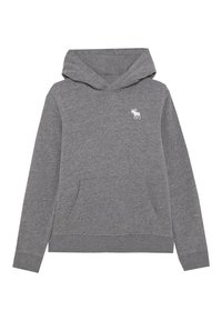 Grauer Kapuzenpullover aus Baumwollmischung mit Kängurutasche und kleinem weißem Elch-Logo auf der Brust. Glatte Textur, lässiges Design.