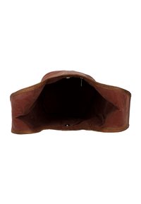 Brown leather bag with a wide, open interior. Features a smooth texture, reinforced edges, and a metal snap for closure.