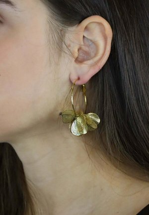 Złote kolczyki koła z kwiatowym wzorem, warstwowymi kształtami płatków i delikatnym zdobieniem cienkich linii. Prezentowane na uchu modelki.